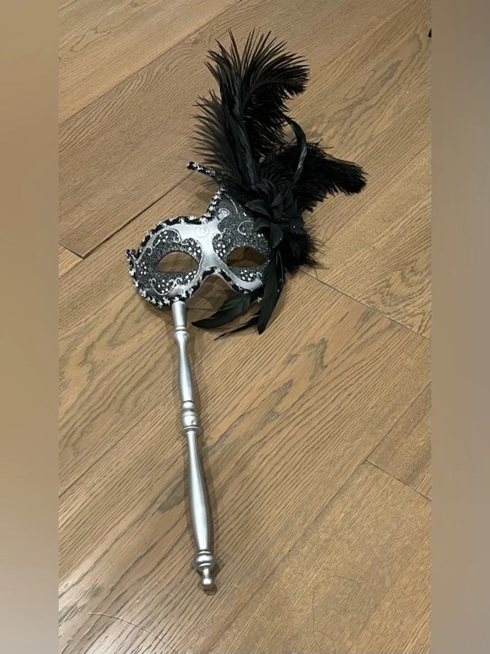 Black & Silver Venetian Glittered Mask with Stick